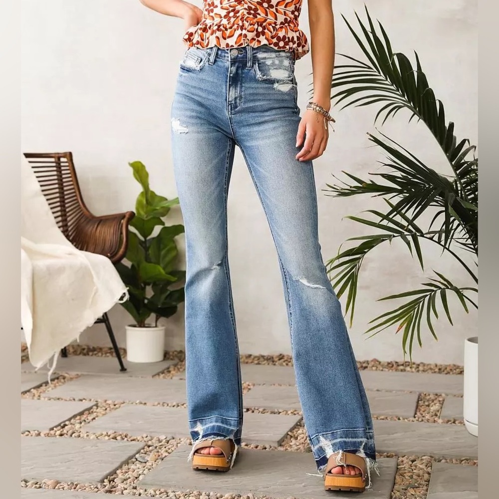 Bridge GLY Jeans Womens 27 Blue High Rise Flare Bottom Distressed Released Hem